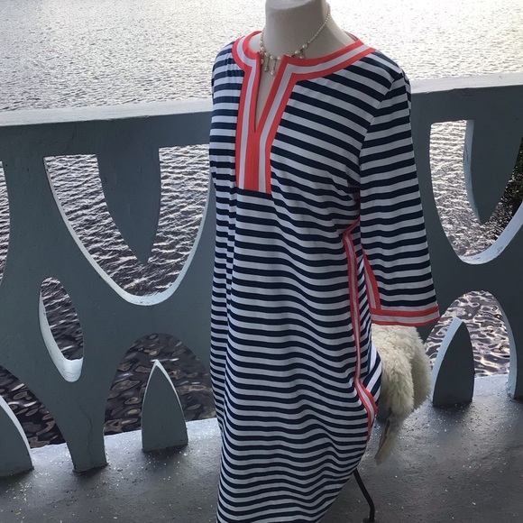 Gretchen Scott Midi Striped Dress in Coral and Navy - Picture 2 of 10